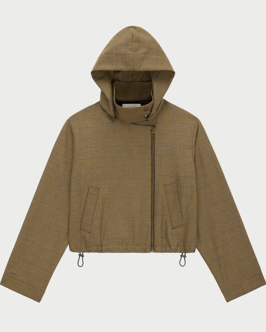 Brown plaid jacket with a hood on a white background