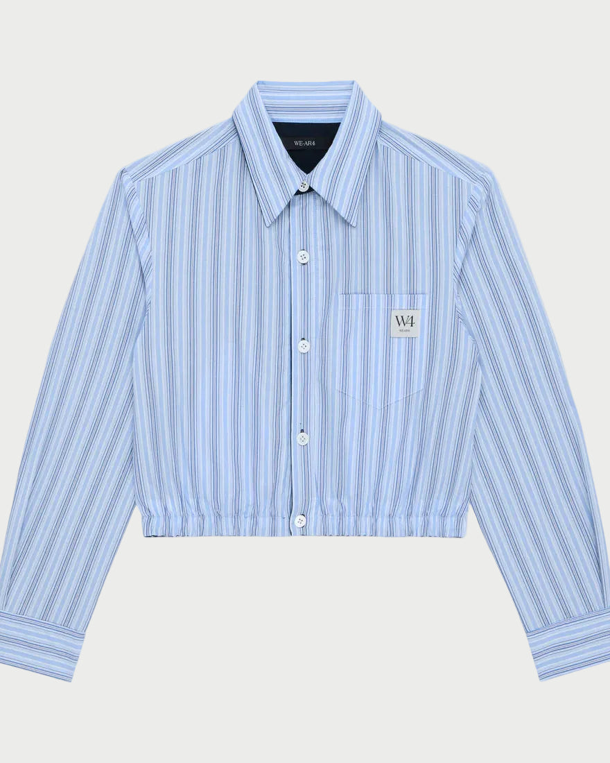 Blue striped shirt with a logo on a white background