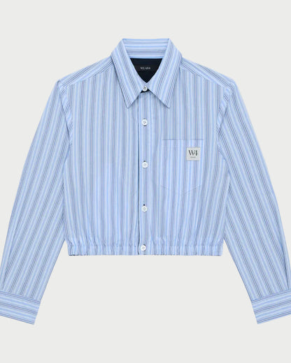 Blue striped shirt with a logo on a white background