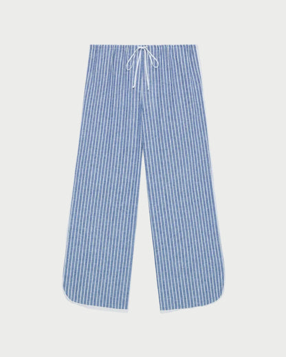 Blue and white striped pants on a light gray background
