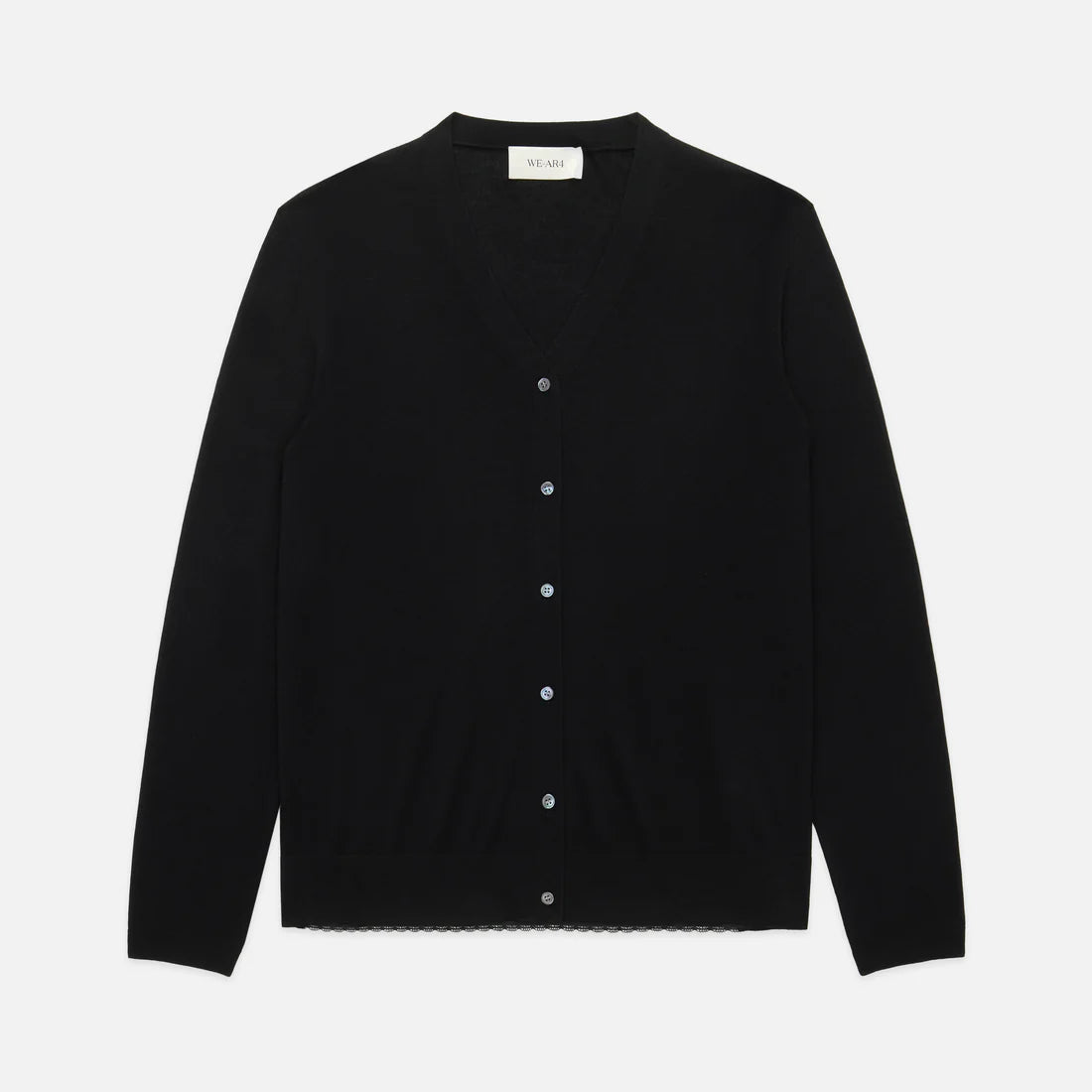 The WE-AR4 Daisy Cardigan by WE-AR4 is a limited edition plain black V-neck cardigan with long sleeves and a row of small round buttons, displayed flat on a white background.