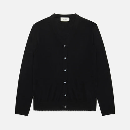 The WE-AR4 Daisy Cardigan by WE-AR4 is a limited edition plain black V-neck cardigan with long sleeves and a row of small round buttons, displayed flat on a white background.