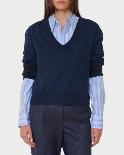 Person wearing a navy sweater over a light blue shirt with dark pinstripe pants against a plain background