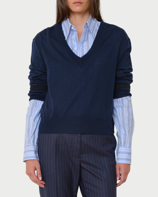 Person wearing a navy sweater over a light blue shirt with dark pinstripe pants against a plain background
