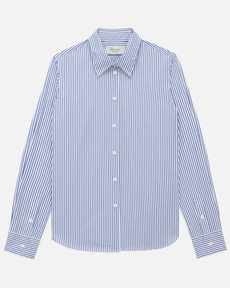Blue and white striped shirt on a light gray background