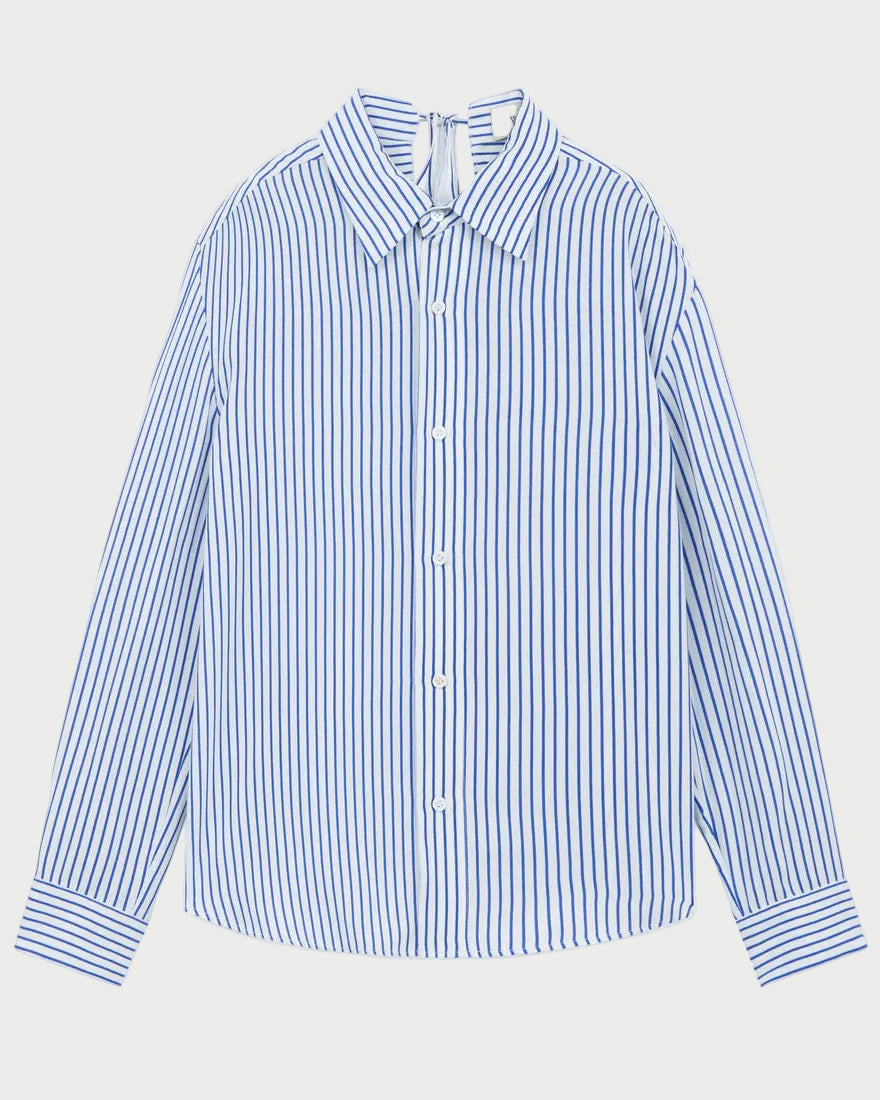 Blue and white striped shirt on a light gray background