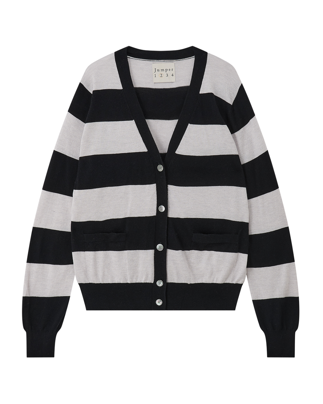 The JUMPER1234 Slinky Stripe Cardigan is a lightweight knit V-neck in black and light gray stripes, with long sleeves, button closure, and two front pockets, shown laid flat on a white background.