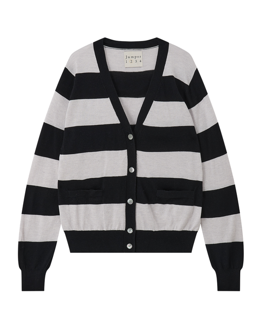The JUMPER1234 Slinky Stripe Cardigan is a lightweight knit V-neck in black and light gray stripes, with long sleeves, button closure, and two front pockets, shown laid flat on a white background.
