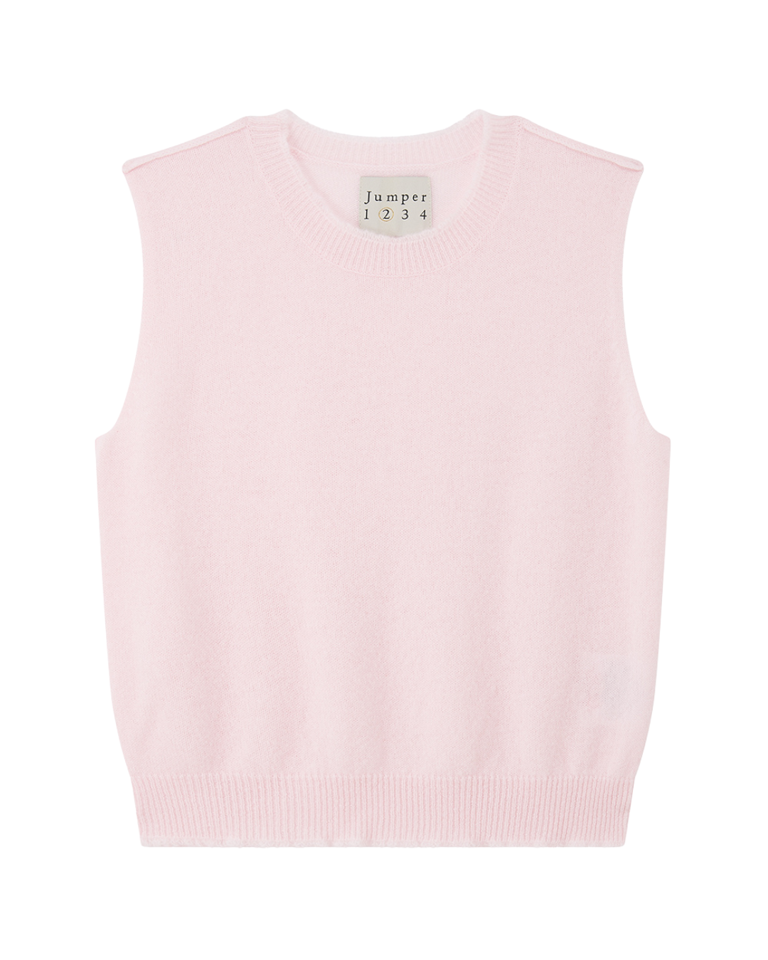 The JUMPER1234 Distressed Tank Pink is a sleeveless, light pink cashmere knit vest with a round neckline and ribbed hem, displayed on a white background. The collar tag reads "Jumper 1234.