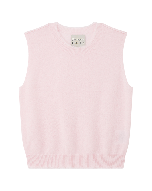 The JUMPER1234 Distressed Tank Pink is a sleeveless, light pink cashmere knit vest with a round neckline and ribbed hem, displayed on a white background. The collar tag reads "Jumper 1234.