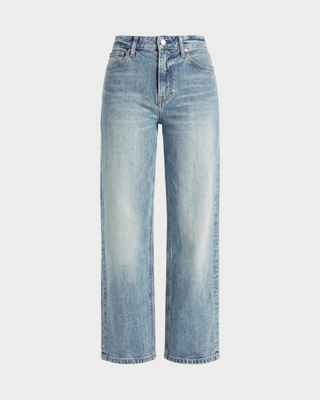 Light-wash blue denim jeans with a straight, wide leg and a high-rise waist, shown against a plain light gray background.