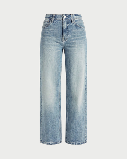 Light-wash blue denim jeans with a straight, wide leg and a high-rise waist, shown against a plain light gray background.