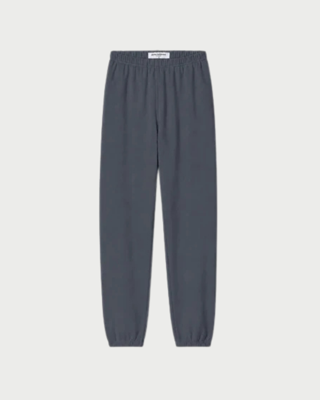 A pair of dark gray jogger pants with an elastic waistband and elastic cuffs, shown flat against a light gray background.