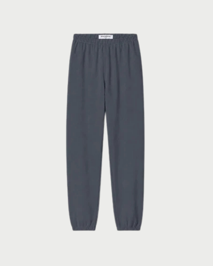 A pair of dark gray jogger pants with an elastic waistband and elastic cuffs, shown flat against a light gray background.