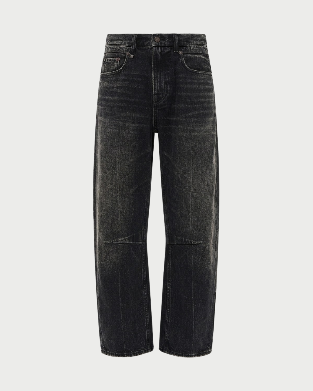 Black Japanese selvedge denim R13 Articulated Knee X-BF jeans with a wide-leg, relaxed boyfriend fit and horizontal seaming at the knees.