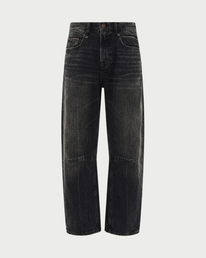 Black Japanese selvedge denim R13 Articulated Knee X-BF jeans with a wide-leg, relaxed boyfriend fit and horizontal seaming at the knees.