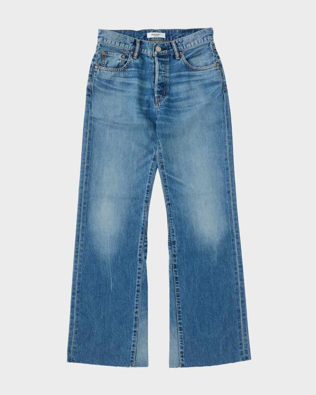 The Moussy Asheville Flare Jean by Moussy features a high waist, button and zipper closure, belt loops, front and back pockets, and subtly flared legs. Designed with a vintage-inspired faded finish for a worn-in look, these jeans offer timeless appeal.