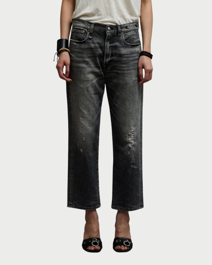 Distressed vintage grey R13 Boyfriend Jean Vintage Grey jeans with a cropped, straight-leg fit.