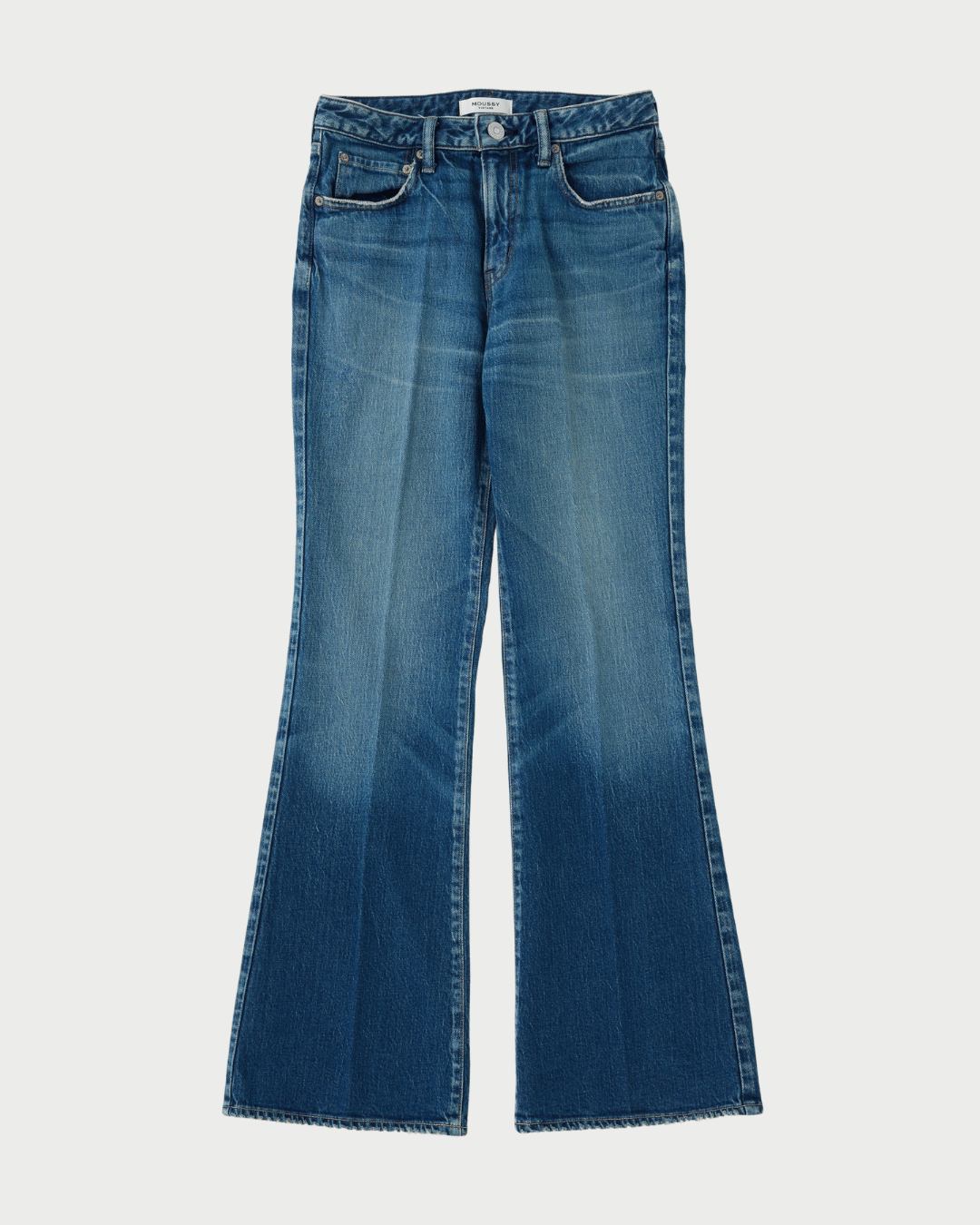 A pair of medium-wash blue denim jeans with a flared bootcut silhouette, shown flat against a light gray background.