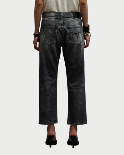 Back view of R13 Boyfriend Jean Vintage Grey in a relaxed, cropped fit with an embroidered swirl design on the right back pocket.