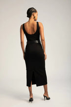 Load image into Gallery viewer, Back of the Black long scoop rib dress, available at west2westport.com