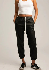 Black Leather drawstring jogger, available at west2westport.com