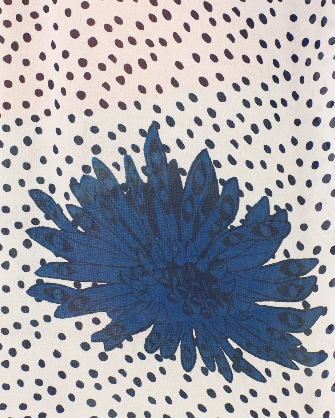 Illustration of a large blue flower with elongated petals, inspired by the vintage style of the Poet Dahlia Blouse from Alix of Bohemia, set against a white background with black ovals.