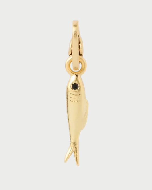 The CLARE V. Clare V. Sardine Charm features a small gold sardine with a black eye, hanging vertically from a circular gold loop—an ideal choice for anyone who loves distinctive, personalized jewelry.