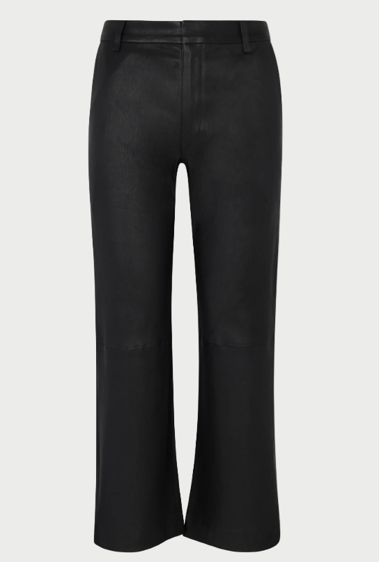 The SPRWMN Cropped Leather Trousers are black, high-waisted, straight-leg pants crafted from smooth French lambskin, featuring front seams, belt loops, and a cropped hem, shown on a white background.