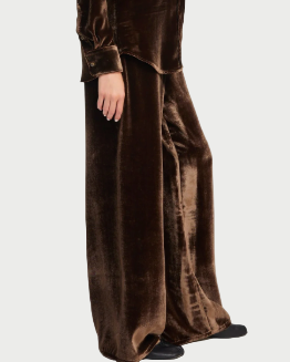 Woman wearing a brown velvet outfit on a white background