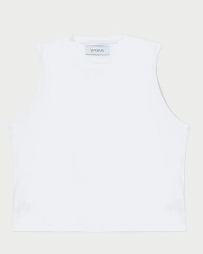 Sleeveless white crew neck cotton SPRWMN Muscle Tee with a straight hem, shown on a plain background. A small inner collar tag displays the SPRWMN brand name.