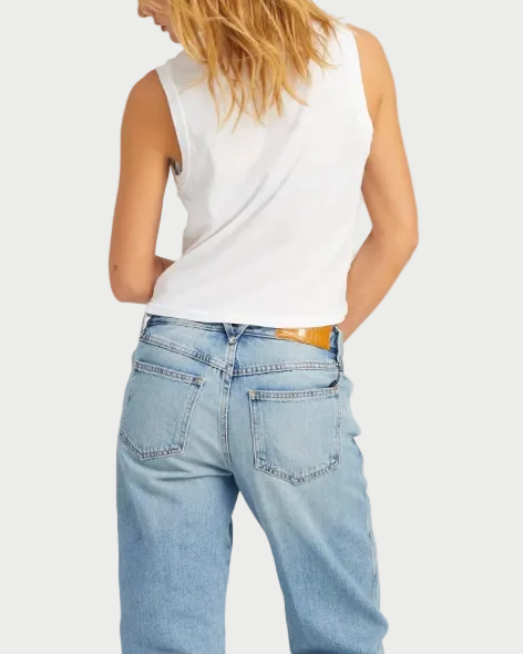 Person wearing light blue jeans and a white top on a plain background
