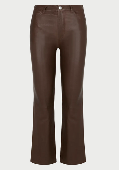 The SPRWMN 5 Pocket Ankle Flare by SPRWMN features high-waisted brown leather, a button and zip closure, front pockets, and subtly flared ankles, shown against a white background.