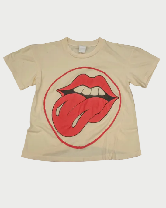 The Madeworn Rolling Stones Crop Tee by Madeworn features a bold red lips and tongue graphic, outlined in a red circle—an ideal pick for vintage rock tee enthusiasts.