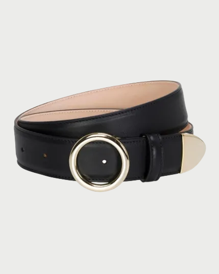 Black belt with a gold buckle on a white background