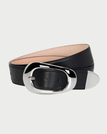 Black belt with a silver buckle on a white background