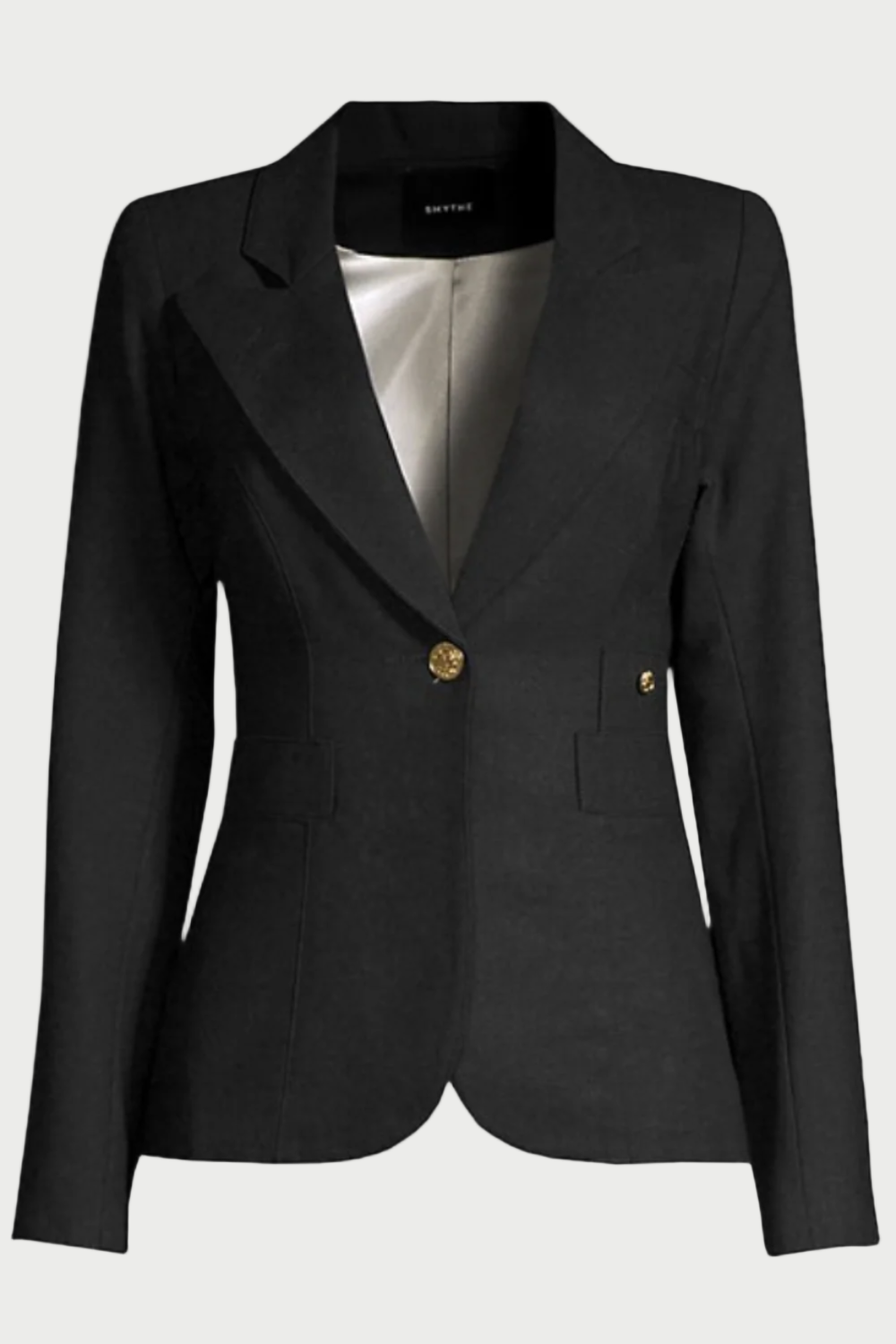 Black blazer with gold buttons on a white background