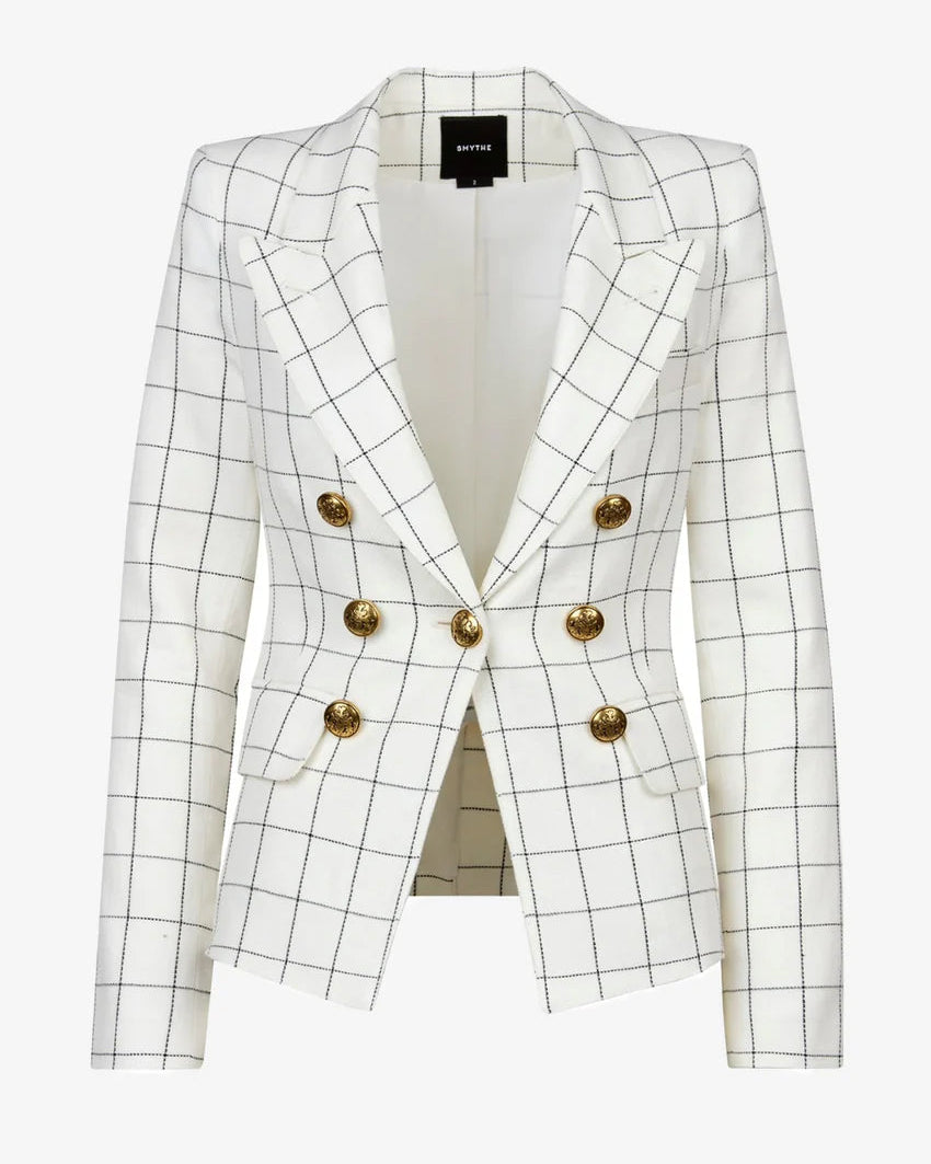 White checkered blazer with gold buttons on a white background