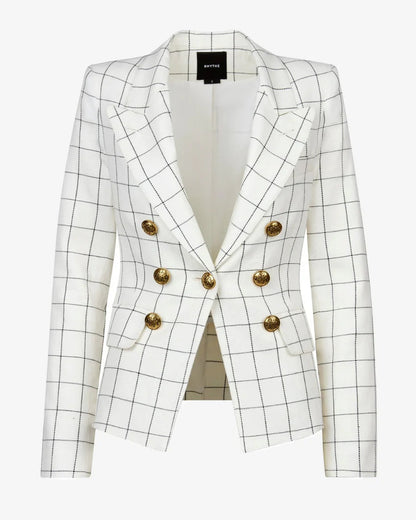White checkered blazer with gold buttons on a white background