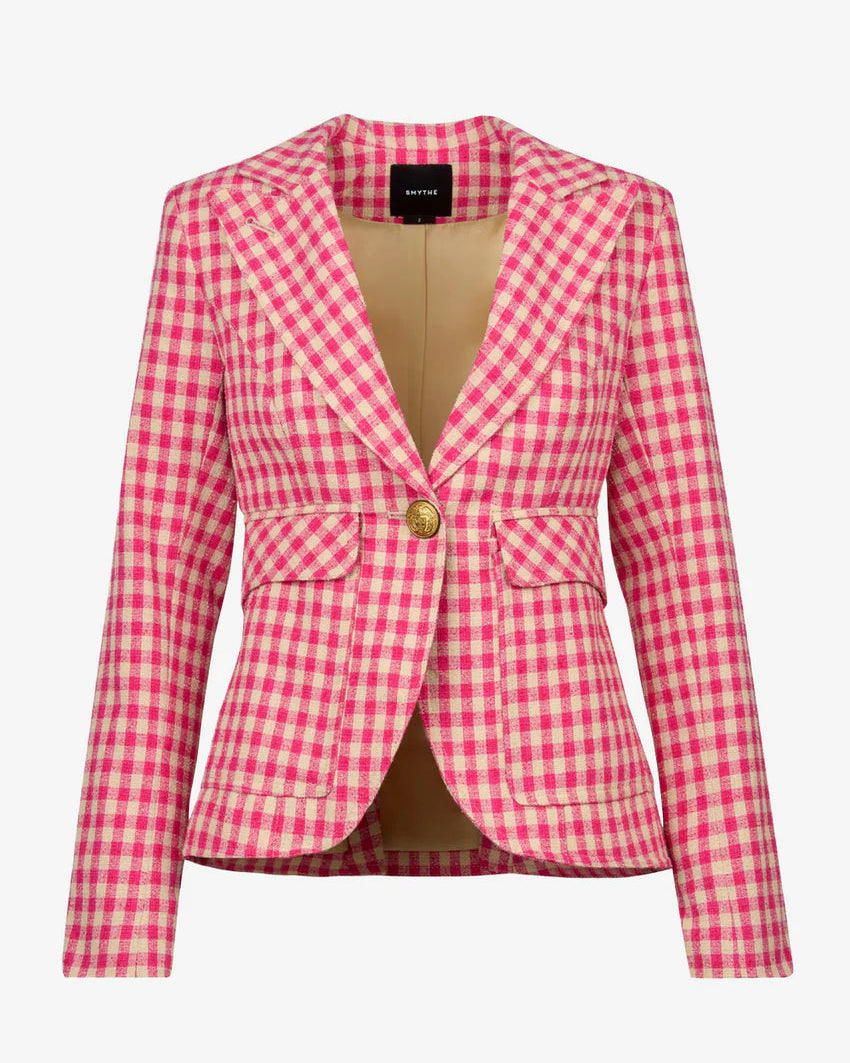 Pink and white checkered blazer on a white background