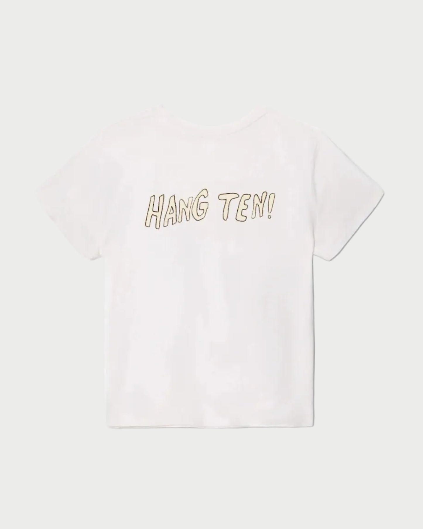 White t-shirt with 'HANG TEN!' text on a white background