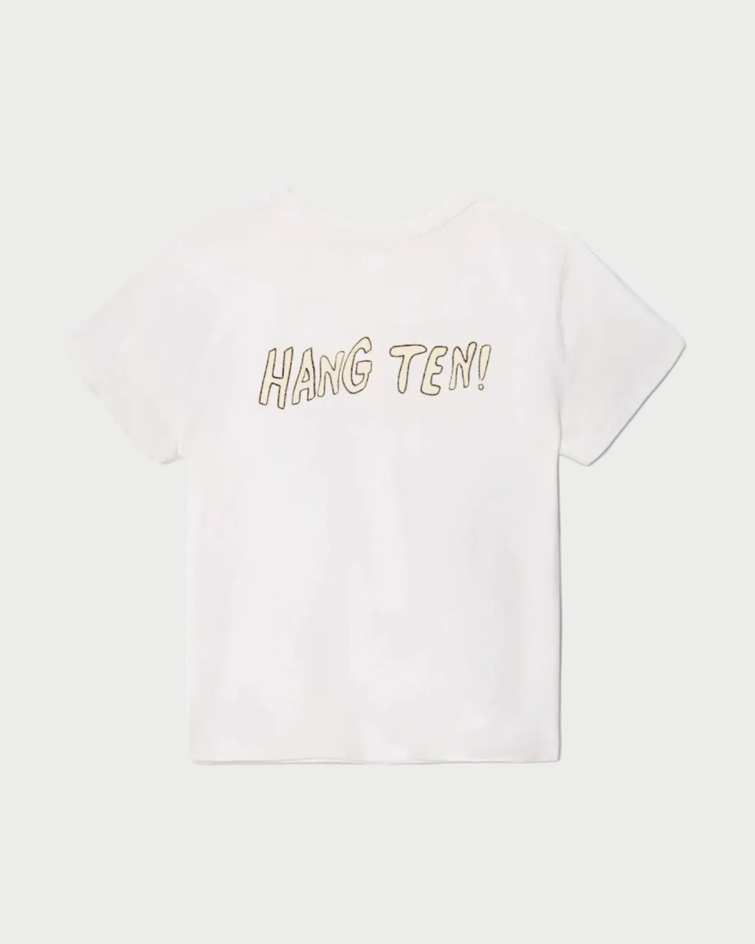 White t-shirt with 'HANG TEN!' text on a white background