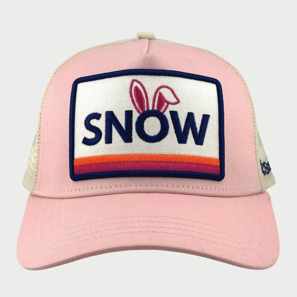 Pink cap with a 'SNOW' patch on a white background