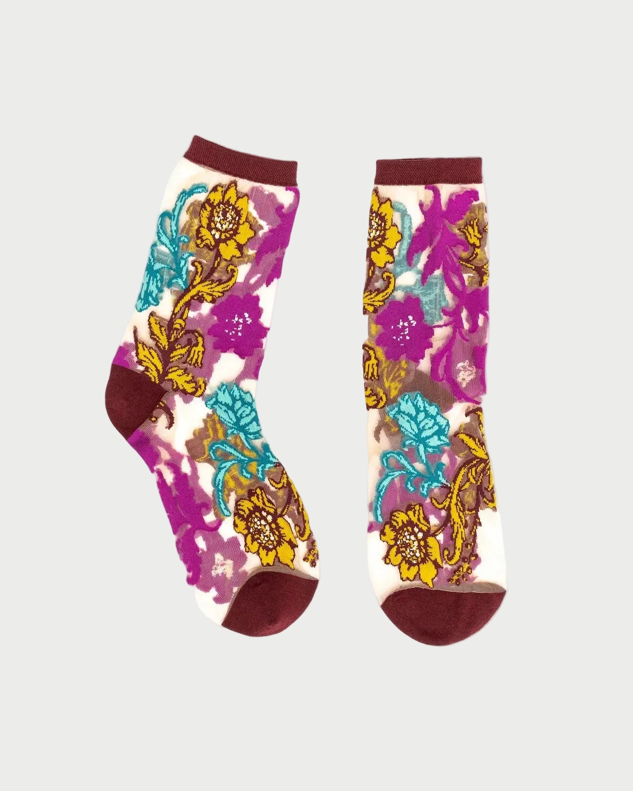 Colorful floral-patterned socks on a white background