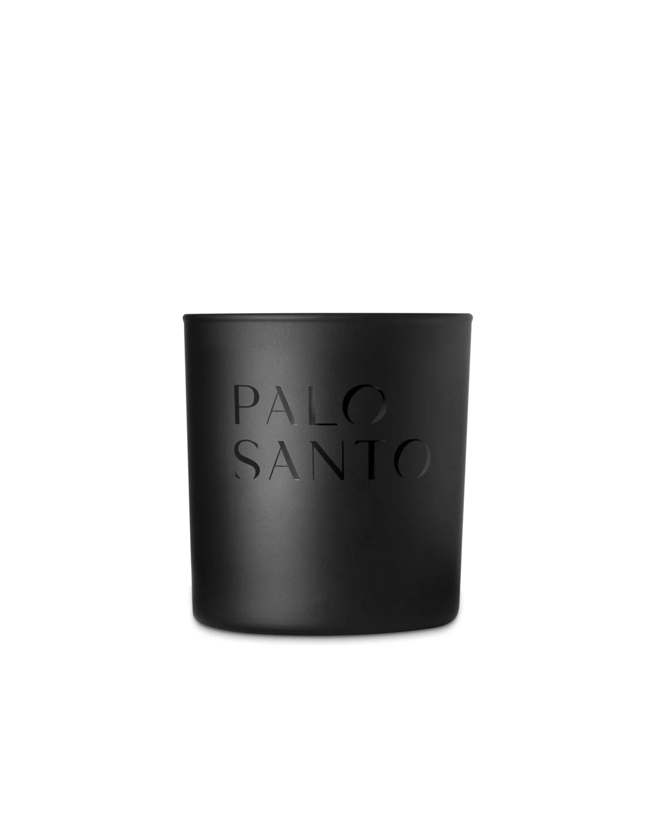 The Studio Stockhome Palo Santo Candle features a matte black jar with "PALO SANTO" embossed on the front, offering a slow-burning, luxurious ambiance—perfectly showcased against a plain white background.