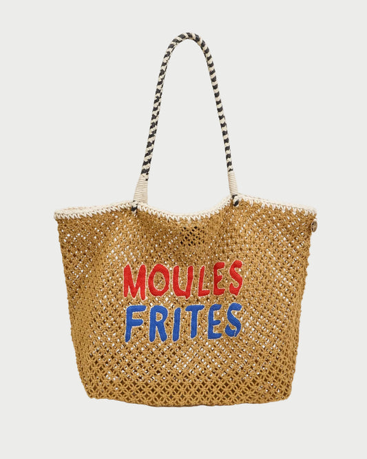 Woven bag with 'MOULES FRITES' text on a white background