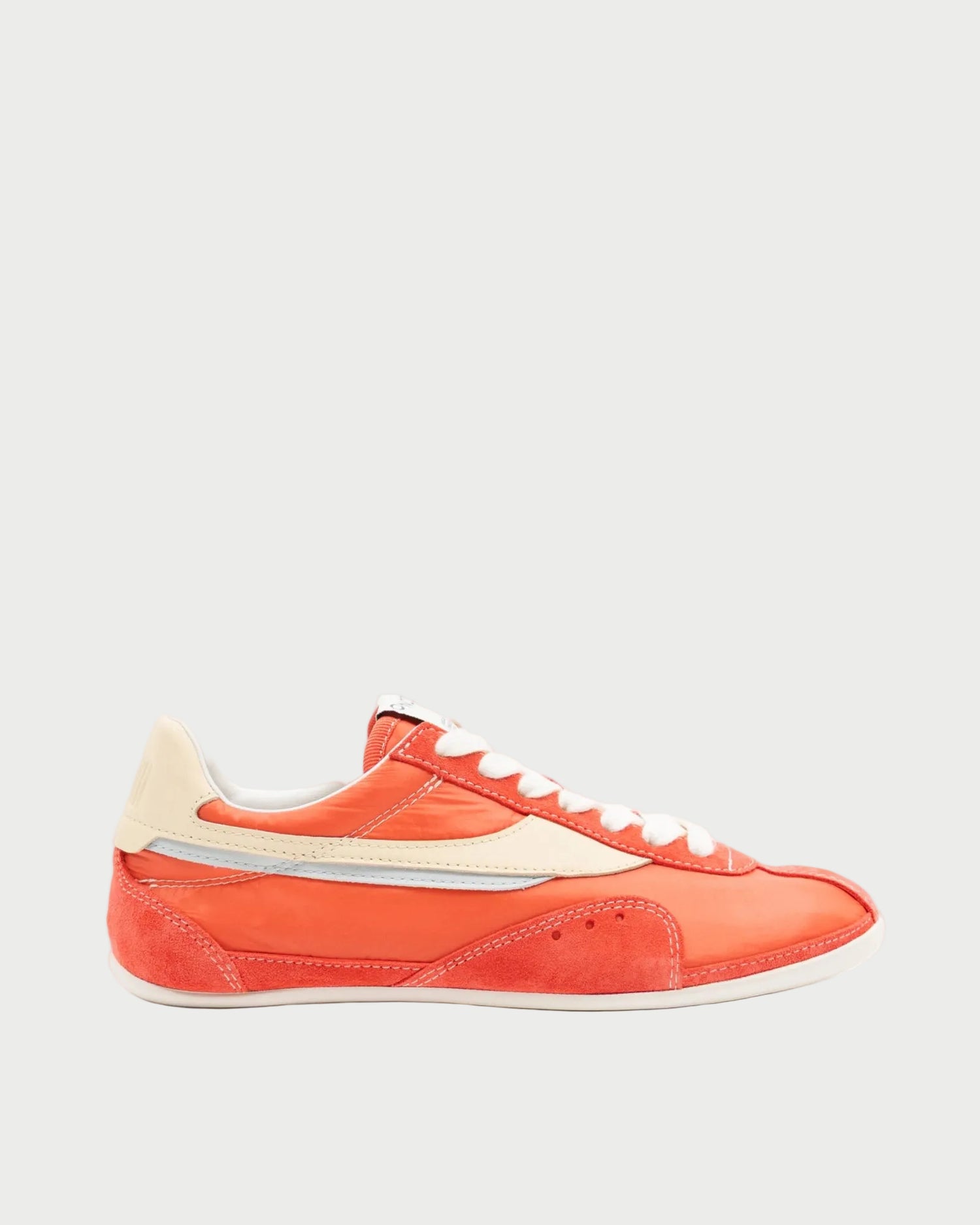 The Oncept Temple Sneaker in Grenadine, shown in side profile on a white background, features red and beige tones with white laces, cream side and heel accents, a white sole, and is crafted with sustainable materials.