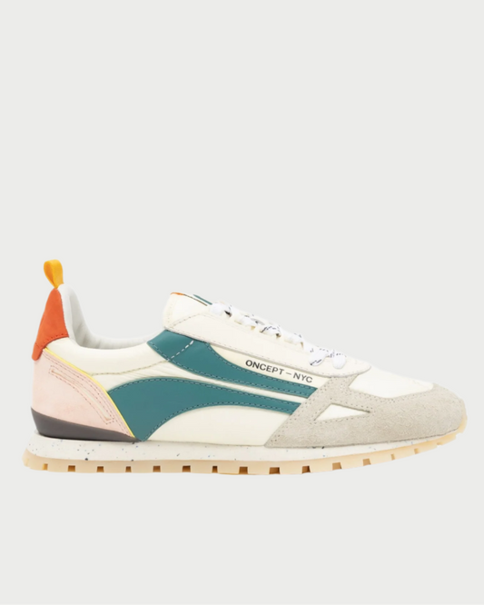 The Toronto Sneaker by Oncept is a stylish shoe with a beige sole, teal side accents, an orange heel tab, and "ONCEPT - NYC" text. It has a white upper with light gray and pink details and is designed sustainably.
