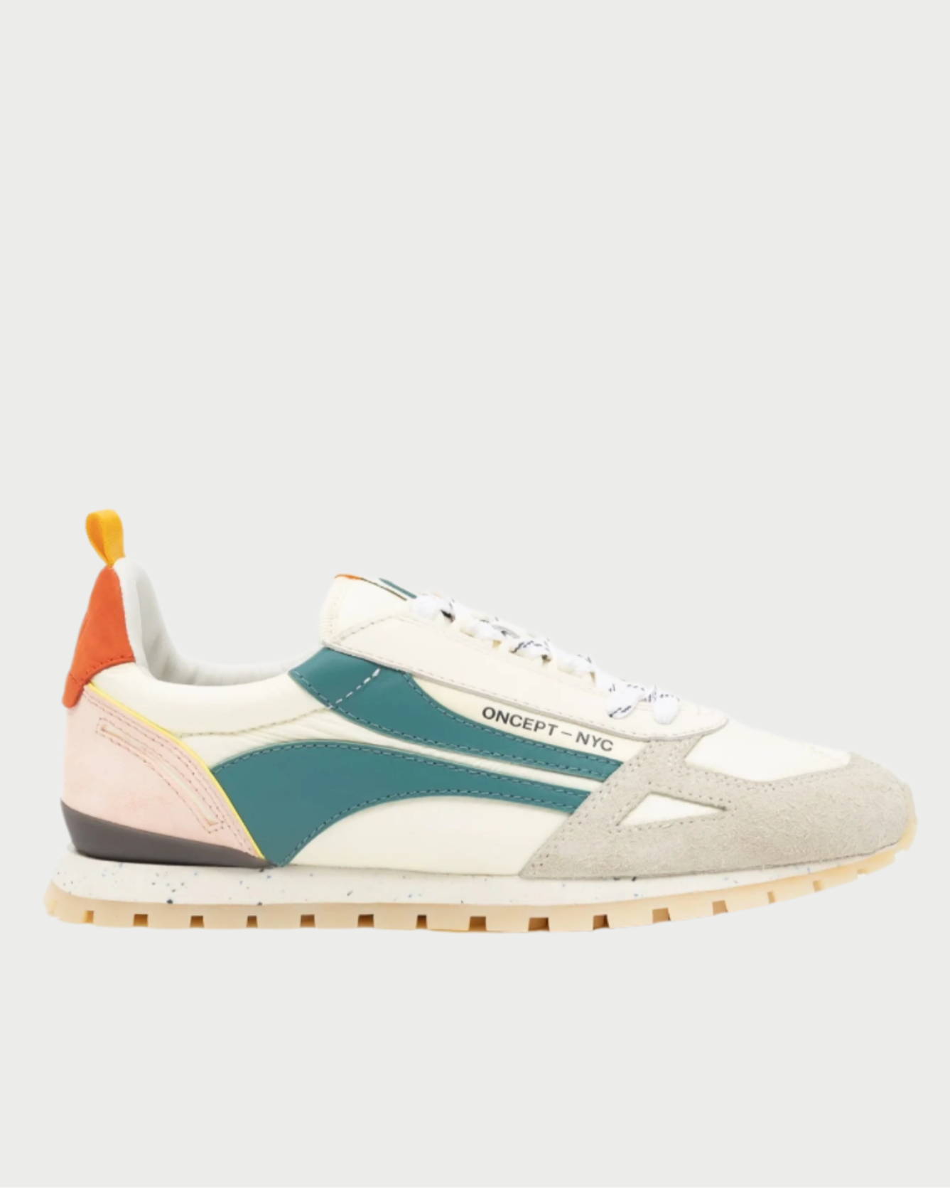The Toronto Sneaker by Oncept is a stylish shoe with a beige sole, teal side accents, an orange heel tab, and "ONCEPT - NYC" text. It has a white upper with light gray and pink details and is designed sustainably.
