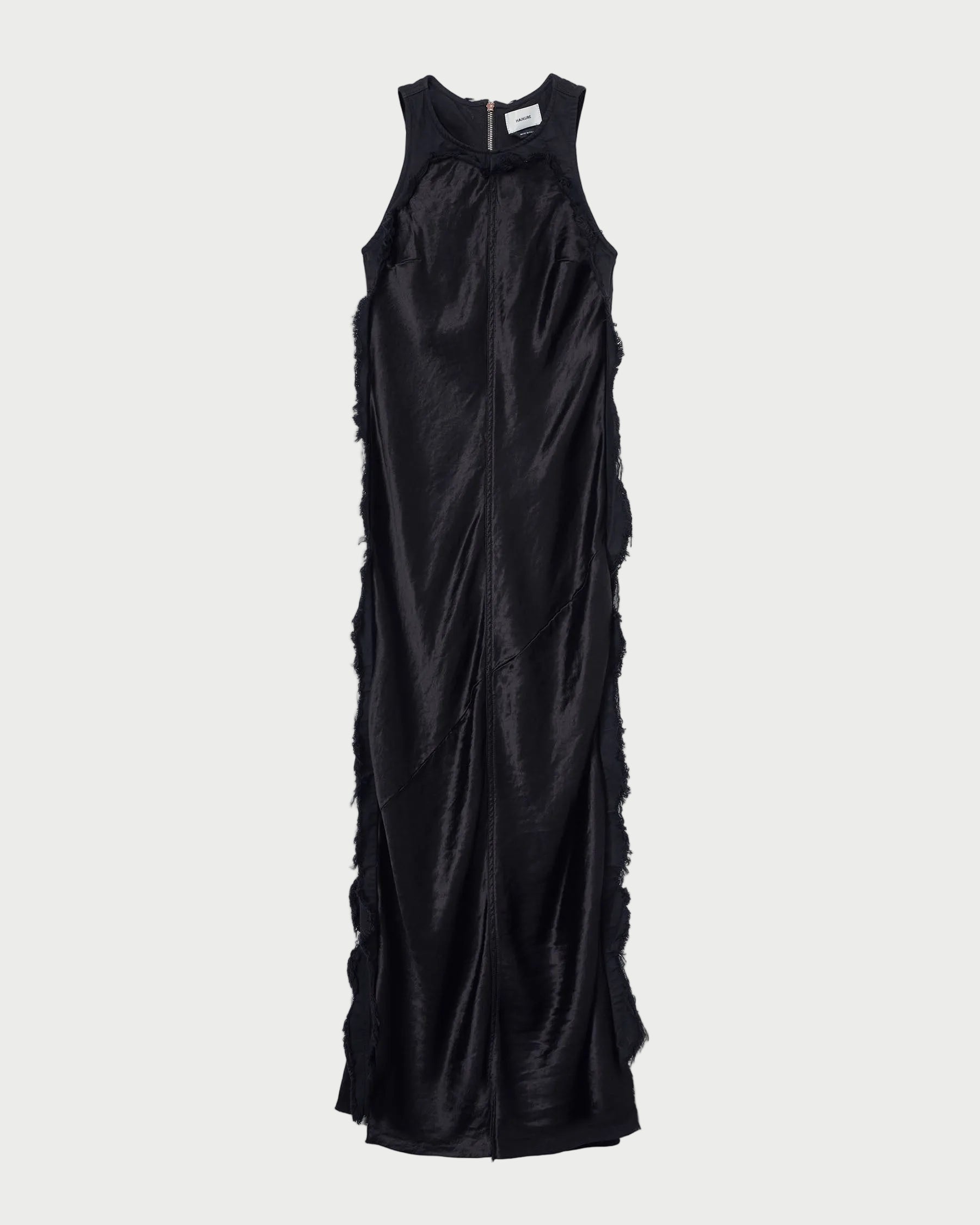 Black evening gown with a draped design on a white background